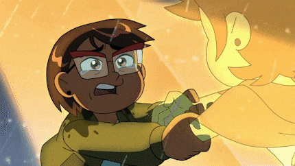 a cartoon character with glasses is holding another character