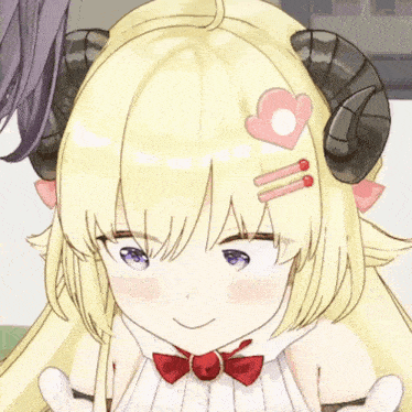 a close up of a anime girl with horns and a bow tie