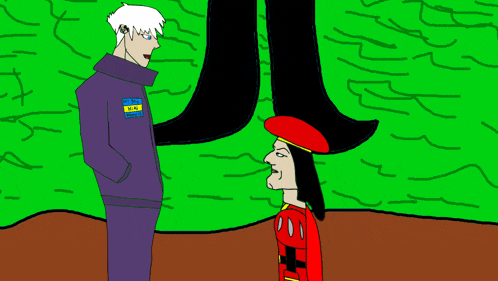 a drawing of a man in a purple jacket with a name tag that says ' a.i. '