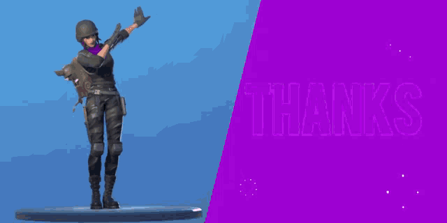 a video game character is standing next to a sign that says thanks