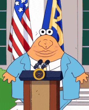 a cartoon of a man standing at a podium with a flag behind him