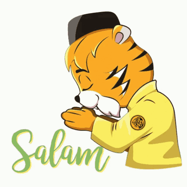 a cartoon of a tiger praying with the word salam written below