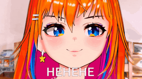 a close up of a girl 's face with the words ' henehe ' in white letters