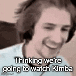 a man wearing headphones is smiling and saying `` thinking we 're going to watch kimba '' .