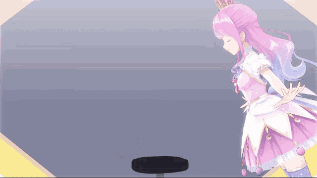 a girl in a pink and white dress is sitting on a chair with her eyes closed