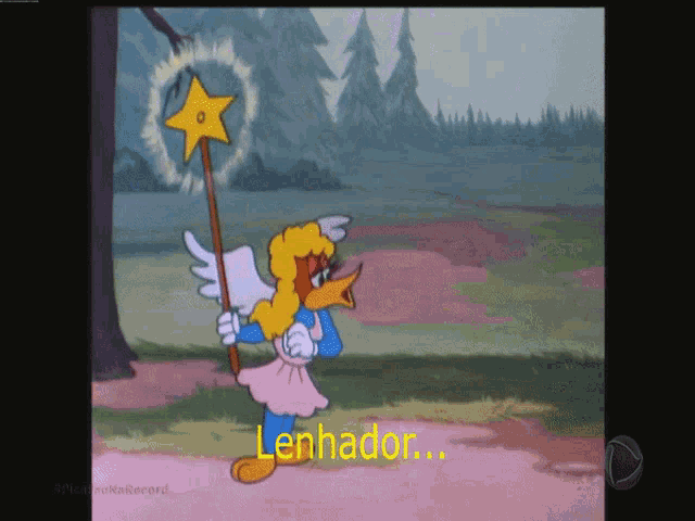 a cartoon of a duck holding a wand with the word lenhador on the screen