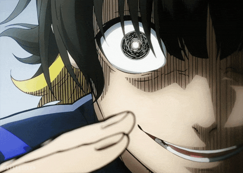 a close up of a person 's face with a big eye and a smile