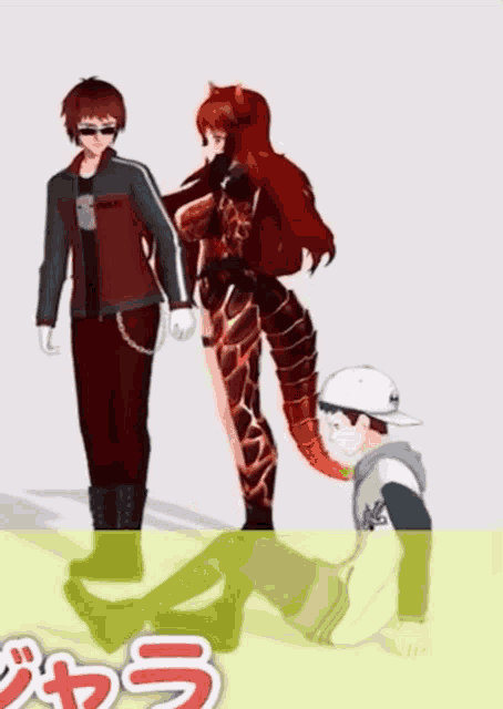 a man and a woman are standing next to each other with a man laying on the ground in front of them