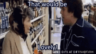 a man and a woman are talking in a store with the words that would be lovely