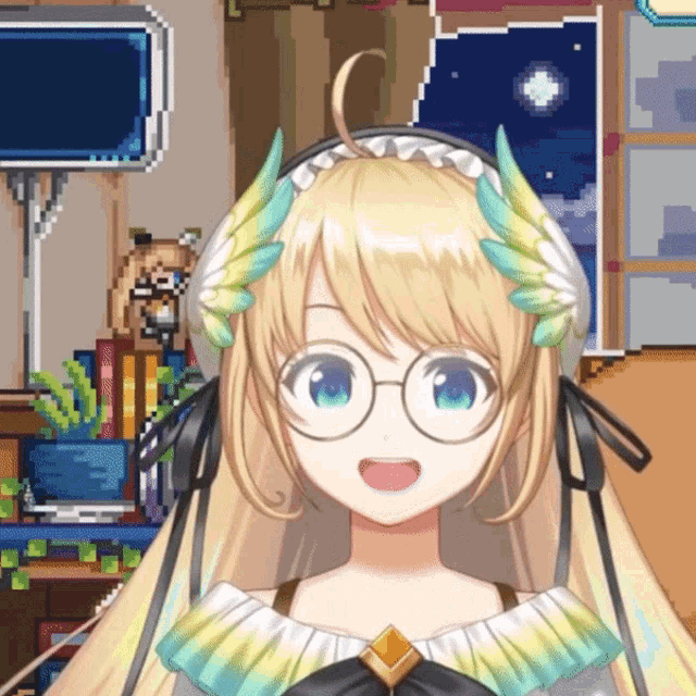 a pixel art of a girl with glasses and wings