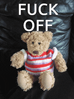 a teddy bear wearing a striped sweater is sitting on a black couch under the words fuck off