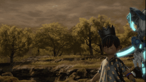 a boy with a crown on his head is standing in a field with trees in the background