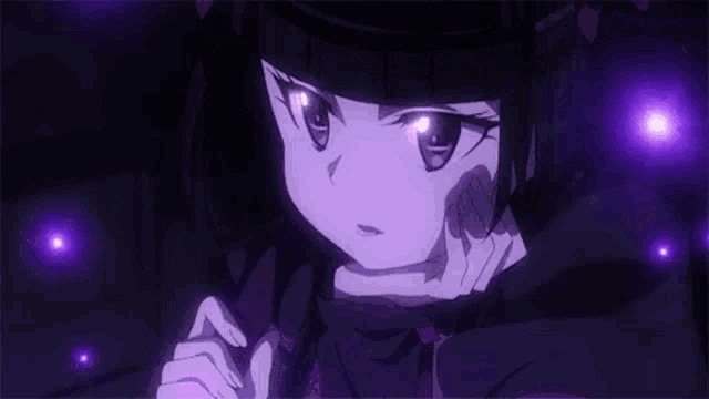 a close up of a girl with purple eyes in a dark room with purple lights .