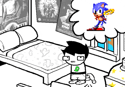 a black and white drawing of a room with a sonic poster on the wall