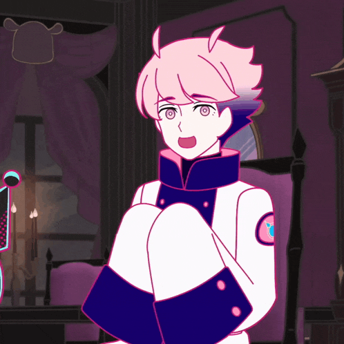 a cartoon character with pink hair and a purple jacket has a blue circle on his chest