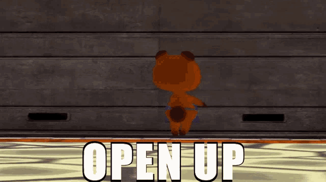 a cartoon bear is standing in front of a wall with the words open up written on it
