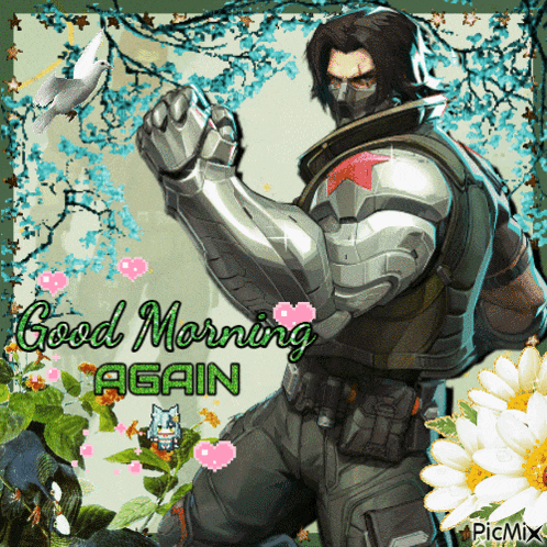 a picture of a man in armor with the words good morning again