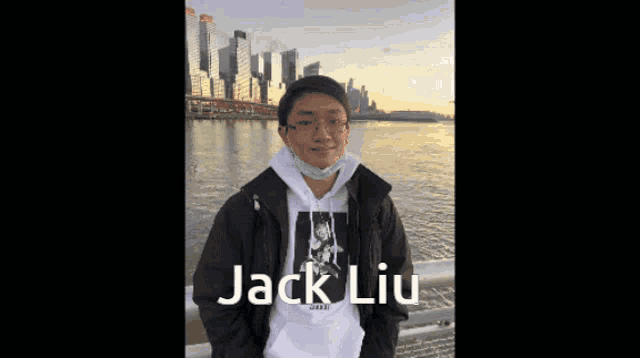 a young man wearing a mask and a hoodie with the name jack liu on it