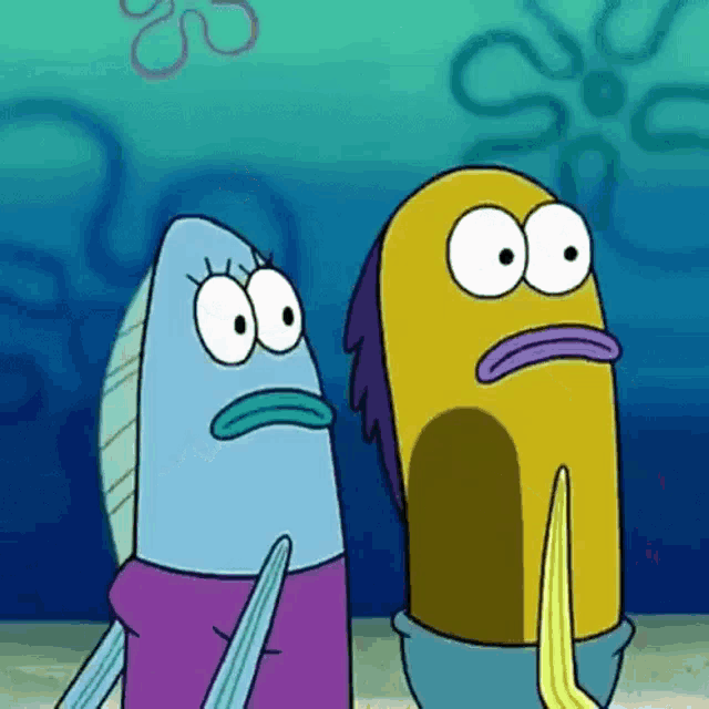 a couple of cartoon fish are standing next to each other in the water .