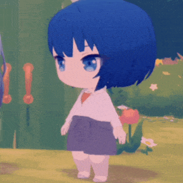 a little girl with blue hair is standing in front of a door