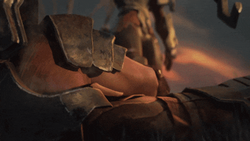 a woman in armor holds a large axe in her right hand