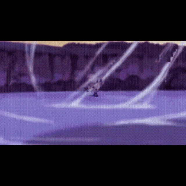 a cartoon character is flying through the air with a purple background and a purple waterfall in the background .
