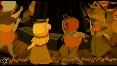 a cartoon of a group of people dressed as pumpkins with the words beats by dated at the bottom