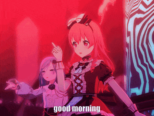 a couple of anime girls are standing next to each other and the words good morning are on the bottom