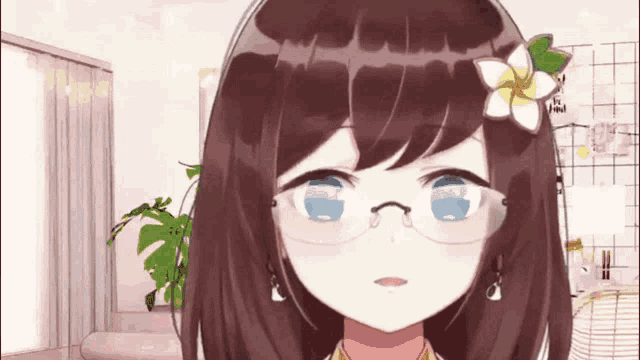 a girl with glasses and a flower in her hair is standing in a room .