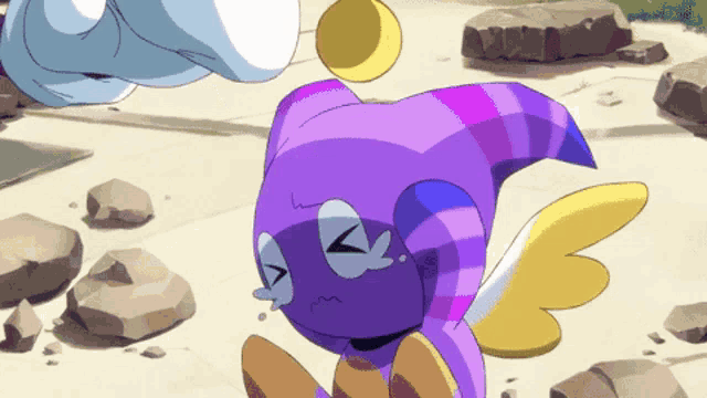 a purple and yellow cartoon character with wings and a cloud behind it