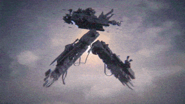 a silhouette of a robot is flying through the air