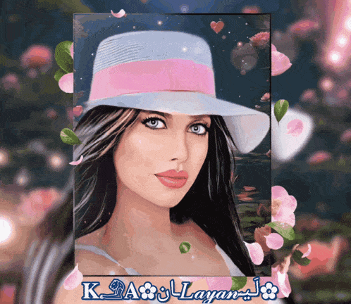 a picture of a woman wearing a hat is surrounded by pink flowers and the name k_a_a_layan