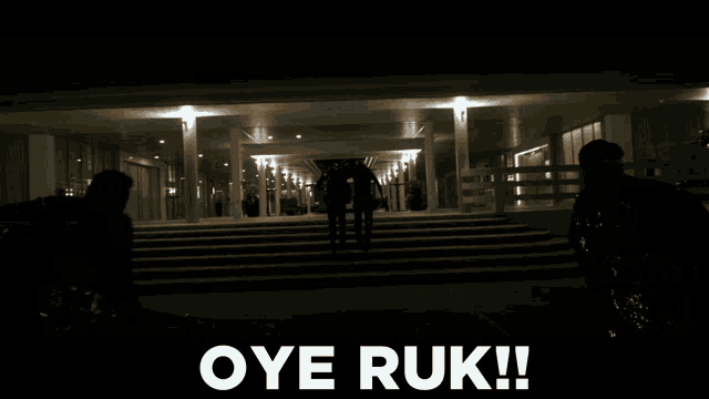 a silhouette of a man running down stairs with the words oye ruk in white letters