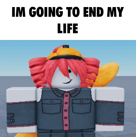 a roblox character with red hair and a yellow hat says im going to end my life