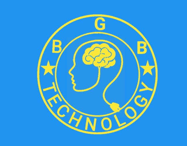 a blue and yellow logo for technology with a brain in the middle