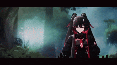 a girl in a black and red outfit is standing in a forest