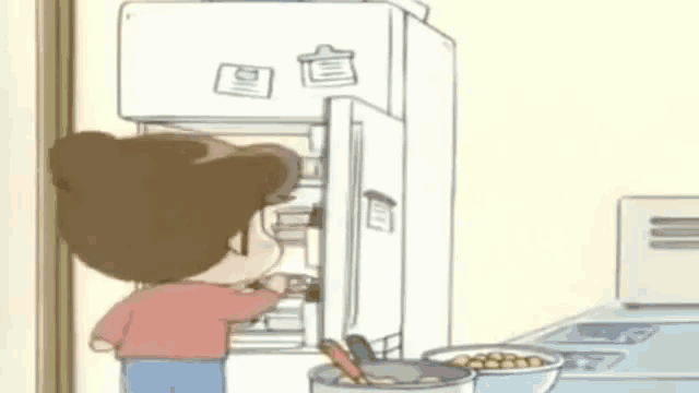 a cartoon girl is opening a refrigerator door in a kitchen