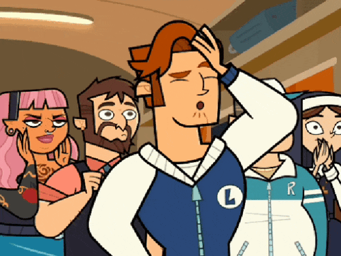 a group of cartoon characters including a man wearing a jacket with l on it