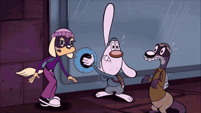 a cartoon of a dog a rabbit and a squirrel standing next to each other with a clock on the wall