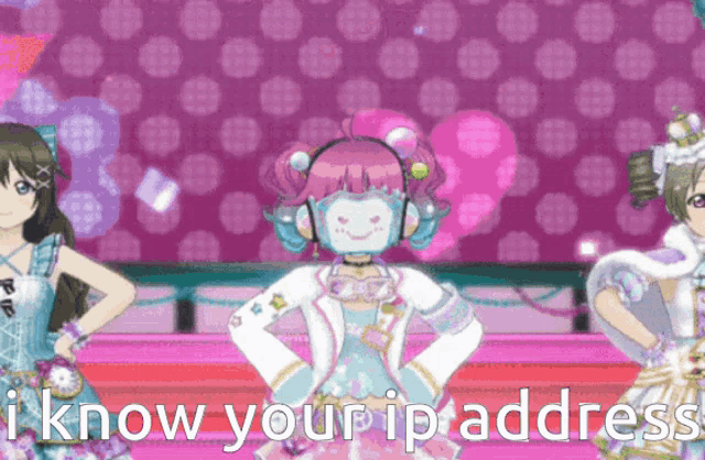 a girl with headphones and a mask stands on a stage with the words i know your ip address written below her