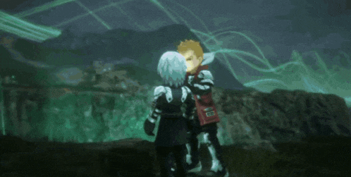 two video game characters are standing next to each other in a dark room