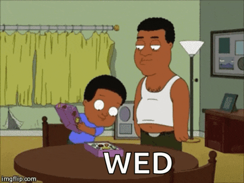 a cartoon shows a man and a boy at a table with the word wednesday written on the table