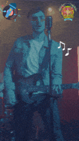 a man singing into a microphone surrounded by colorful confetti and music notes