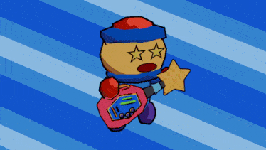 a cartoon character with three stars on his eyes holding a guitar