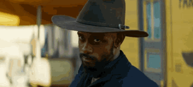 a man with a beard wearing a hat and a blue jacket