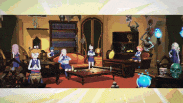 a group of cartoon characters are standing in a room
