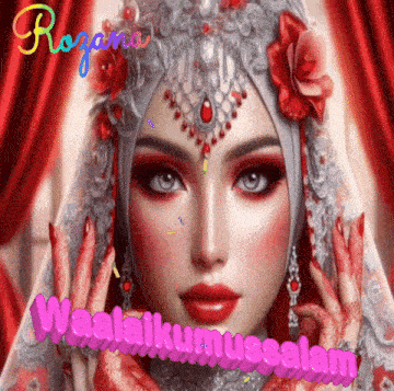 a woman wearing a hijab and a crown with the words waalaikumussalam on the bottom right