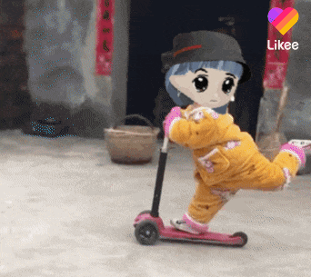 a little girl is riding a scooter with a like button in the corner