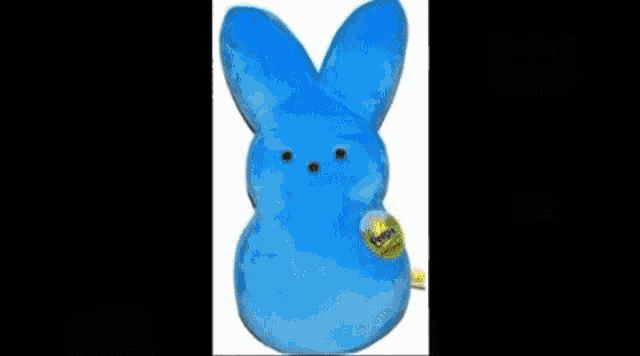 a blue peeps bunny with a mustache and a sword