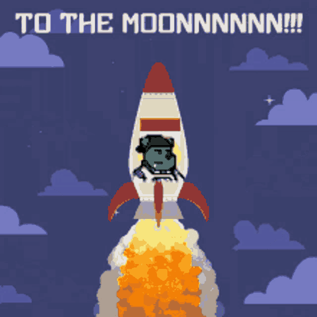 a pixel art of a rocket with the words to the moonnnnn written above it